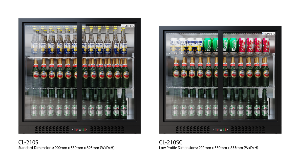 Empire Double Door Bottle Cooler – Low 835mm Height Sliding Door Commercial Back Bar Fridge | CL-210SC Double Door Bottle Coolers Empire