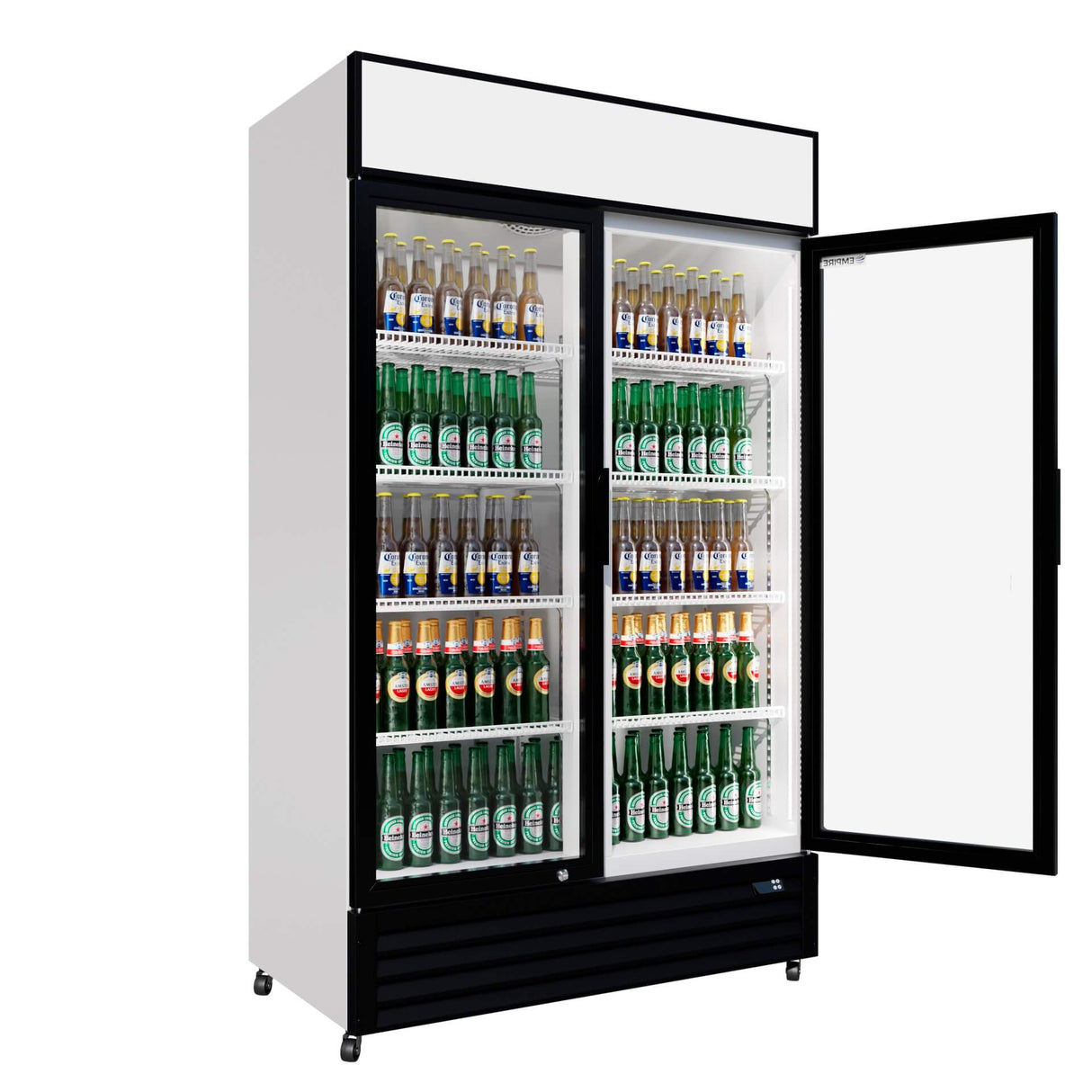 Empire Double Door Display Cooler Hinged – Commercial Fridge with Merchandising Canopy | CL-690A Upright Double Glass Door Chillers Empire