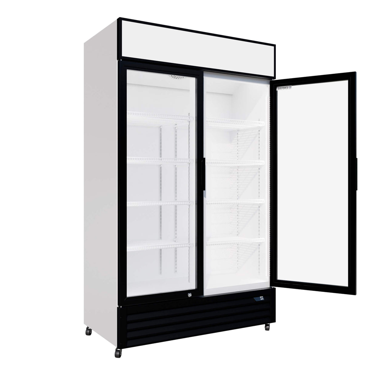 Empire Double Door Display Cooler Hinged – Commercial Fridge with Merchandising Canopy | CL-690A Upright Double Glass Door Chillers Empire