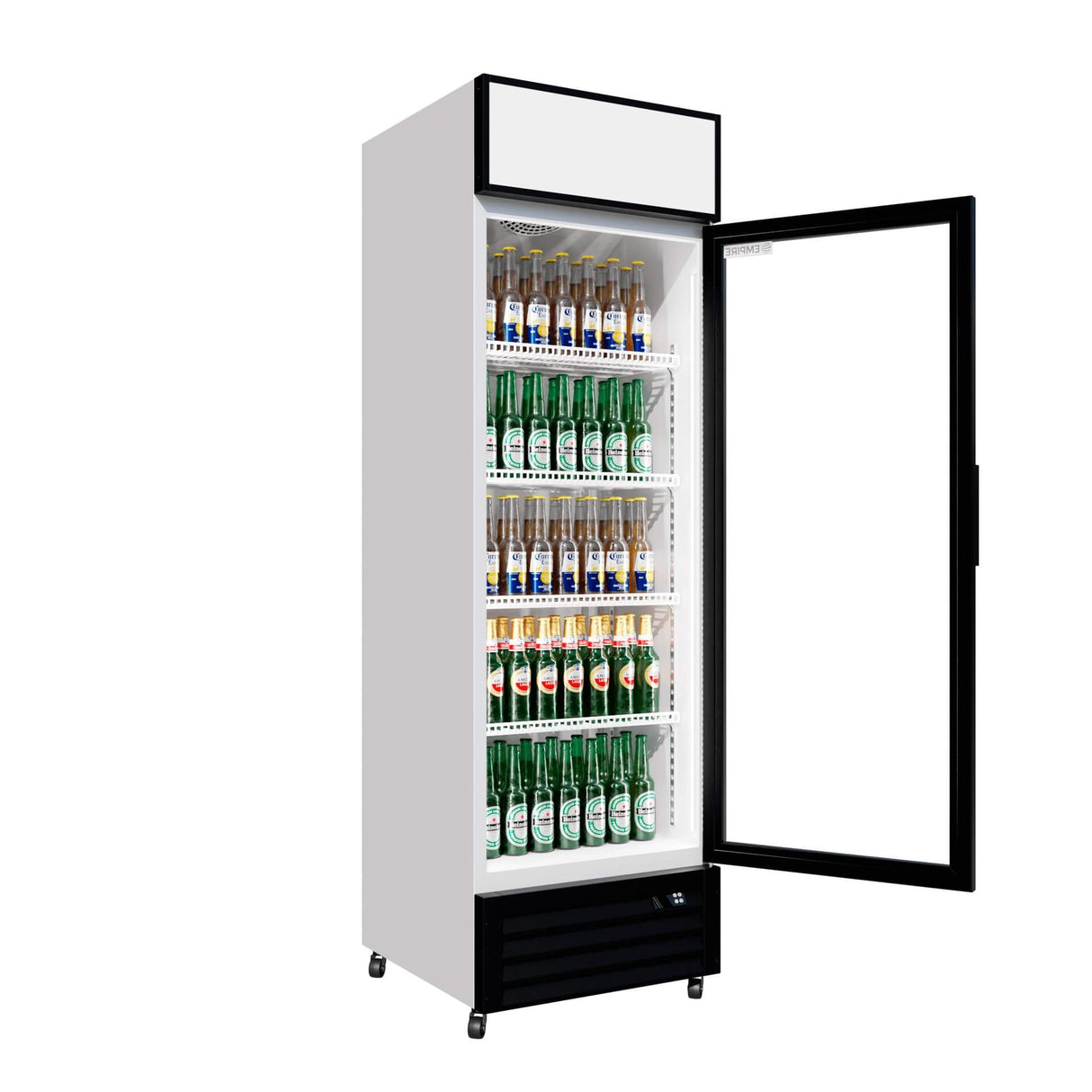 Empire Single Door Display Cooler – 375L Commercial Fridge with Merchandising Canopy | CL-370 Upright Double Glass Door Chillers Empire