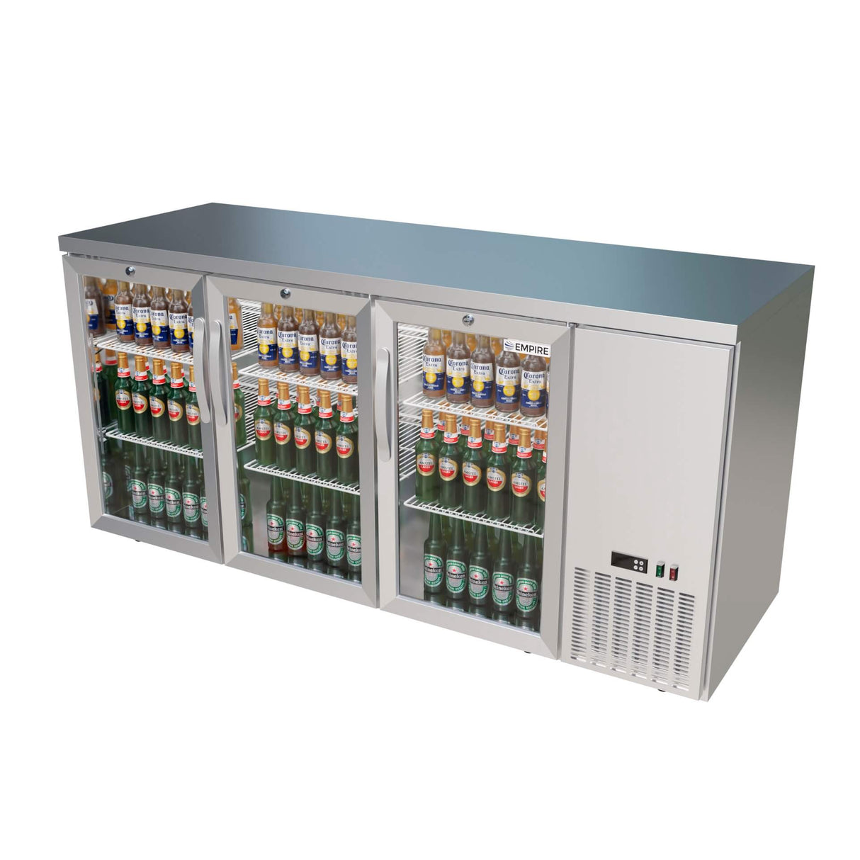 Empire High Capacity Stainless Steel Triple Door Bottle Cooler Hinged Undercounter Low Height Side Cooling - CL-526HR Triple Door Bottle Coolers Empire