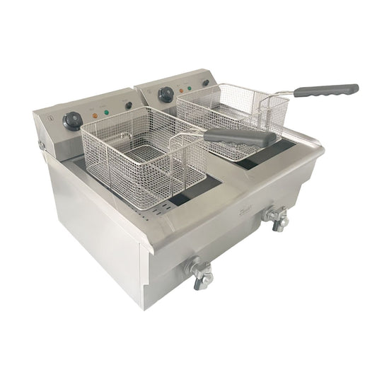 Davlex stainless steel double electric fryer angled open